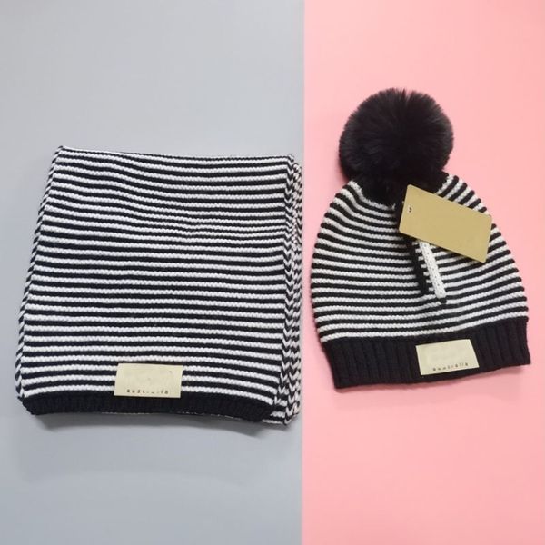

fashion winter knitted kids caps and scarves set stripe knitting beanies ball for baby soft scarf with tags wholesale, Blue;gray