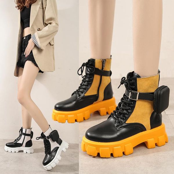 

boots 2021 autumn winter women thick-soled leather casual fashion lace-up high, Black
