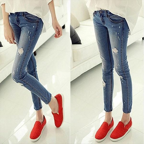 

blue during waist holes womens jeans skinny boyfriend elastic ripped