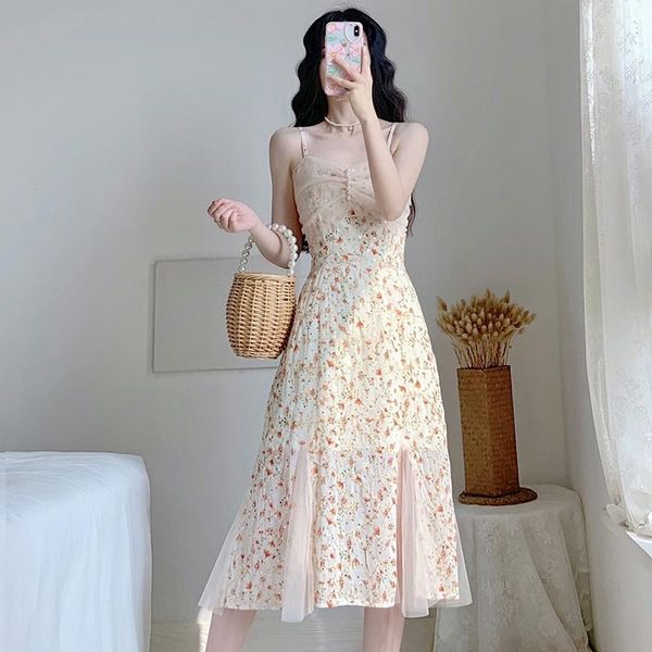

casual dresses 2021 summer french sweet floral fairy condole belt net yarn, pearl is small and pure fresh dress, Black;gray