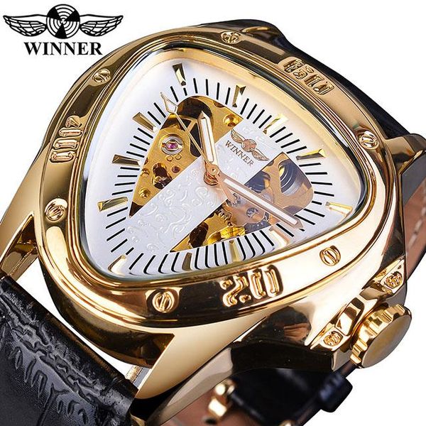 

wristwatches men mechanical triangle dial personalise date leather military sport watches men's automatic watch, Slivery;brown