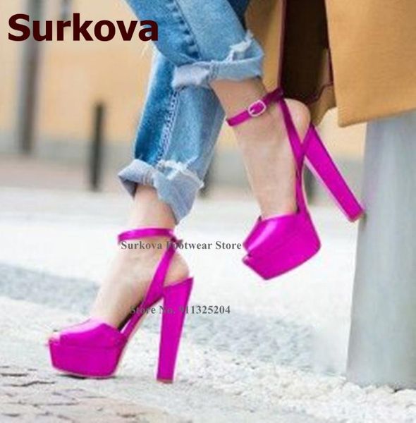 

dress shoes surkova glossy fuchsia mirror leather wedding amazing chunky heel platform sandals buckle strap banquet pumps size46, Black