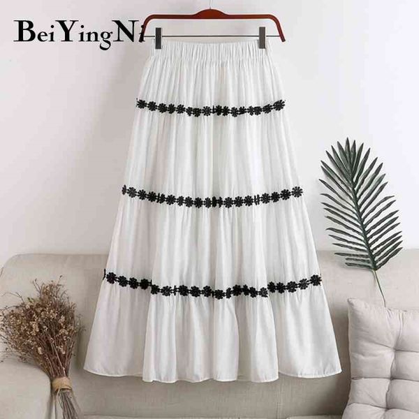 

beiyingni floral patchwork pleated skirt women long casual elegant high street midi skirts ladies white black fashion boho saias 210331