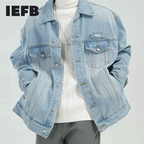 IEFB Erkekler Giymek Işık Mavi Boy Kot Ceket Kore Eğilim Nedensel Yaka Uzun Kollu Kapalı Omuz Kot Coat 9Y7115 210524