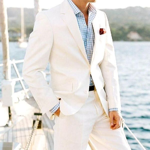 

men's suits & blazers summer fashion custome one button bridegroom tuxedos man suit slim fit ivory linen beach wedding (jacket + pants), White;black