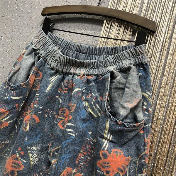 

women's jeans 2021 spring elastic-waist loose-fit national wind printing large size casual denim harem pants jean mujer, Blue