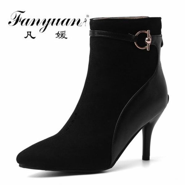 

dress shoes fanyuan autumn winter women ankle boots elegant metal decoration flock woman fashion concise high heeled size30-48, Black