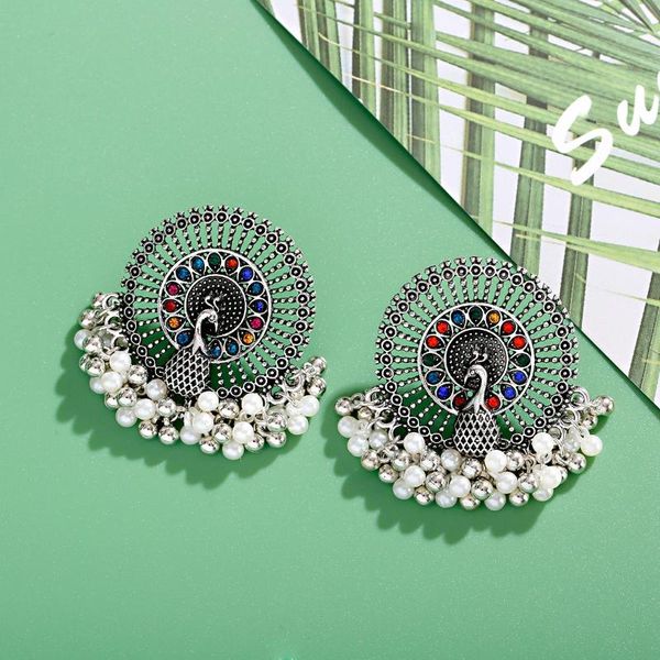 

dangle & chandelier vintage pearl bead peacock shape earrings alloy metal tassel women silver color round fashion jewelry accessory