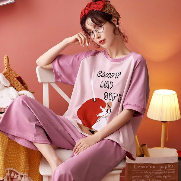 

women's tracksuits summer cotton home casual wear suit fashion short-sleeved cropped trousers cute cartoon loose comfortable woman, Gray