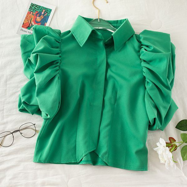 

summer new style retro palace style puff sleeve jacket turn down collar short solid shirt womens 210421, White