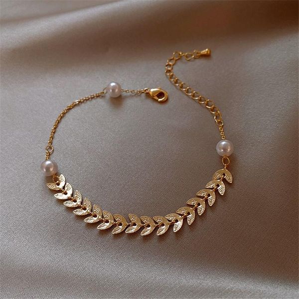 

uilz vintage pearl leaves charms chain handmade wheat ear link necklaces bracelet women female gift jewelry link,, Black