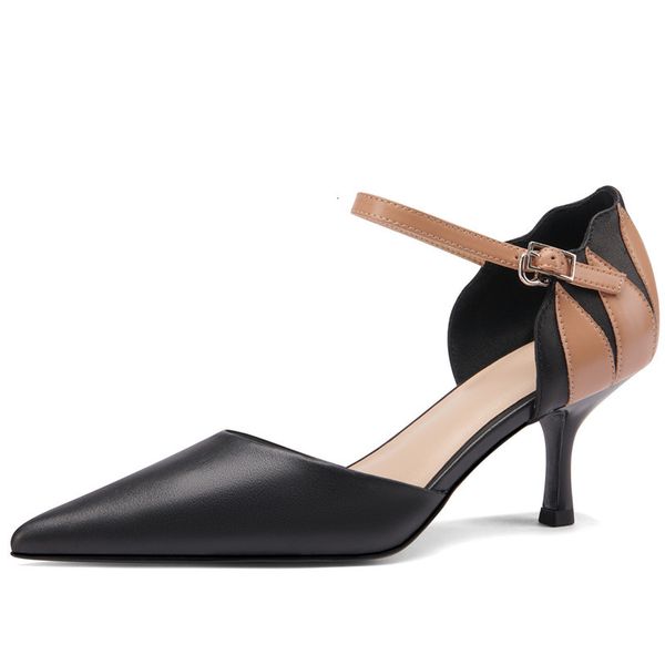

toe genuine female sandals pointed buckle word thin heels plus size party women's shoes kfcu, Black