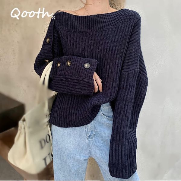 

qooth spring and autumn slash neck collar strapless design button pushover long-sleeved thick line fashion sweater qt516 210518, White;black