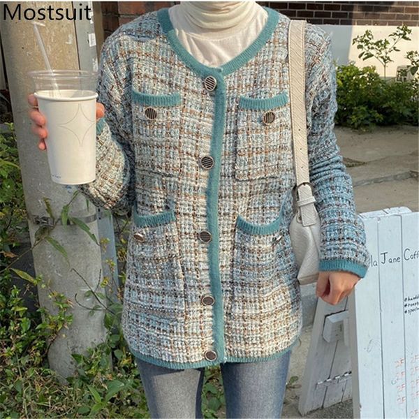 

vintage elegant knitted long cardigan coat women sleeve o-neck single-breasted pockets fashion ladies jacket sweaters 210514, White;black