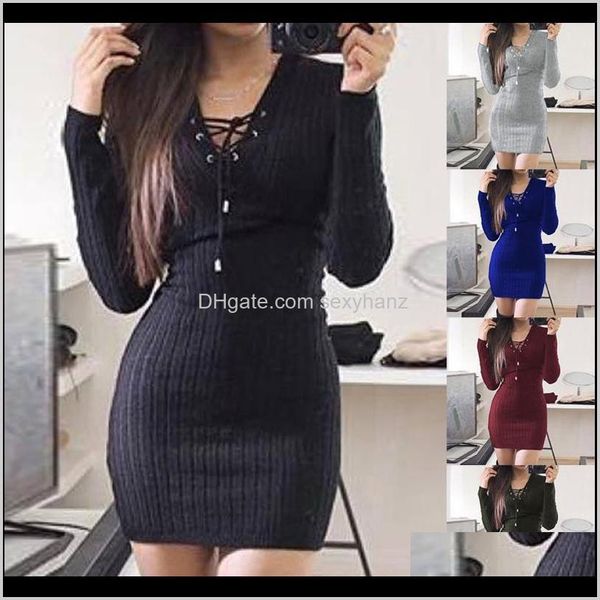 

casual womens apparel drop delivery 2021 coming women sweater dress colorful long sleeve v neck knit stretch mini jumper dresses clothin, Black;gray