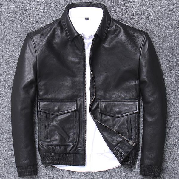 

men's leather & faux whole nervous genuine clothing man head layer cowhide short fund locomotive jacket male stand flight pilot bomber, Black