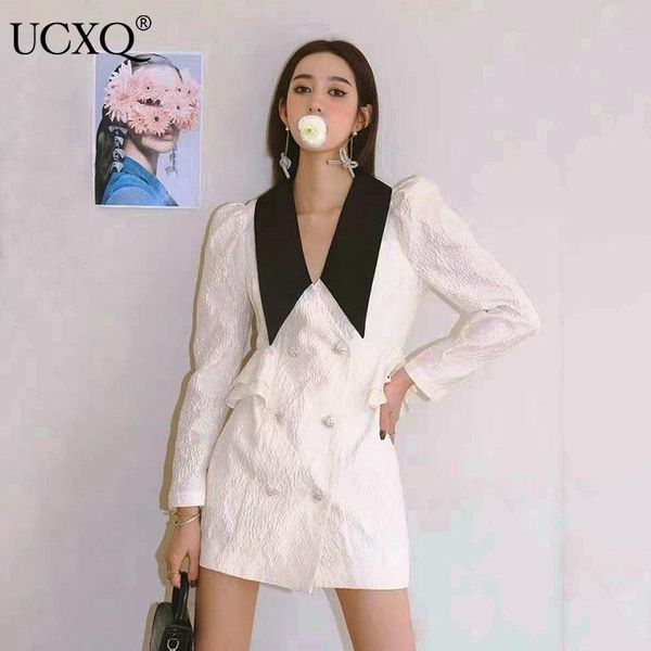 

women's suits & blazers ucxq woman blazer hit color ruffles double breasted long sleeve notched collar slim vintage style 2021 autumn f, White;black