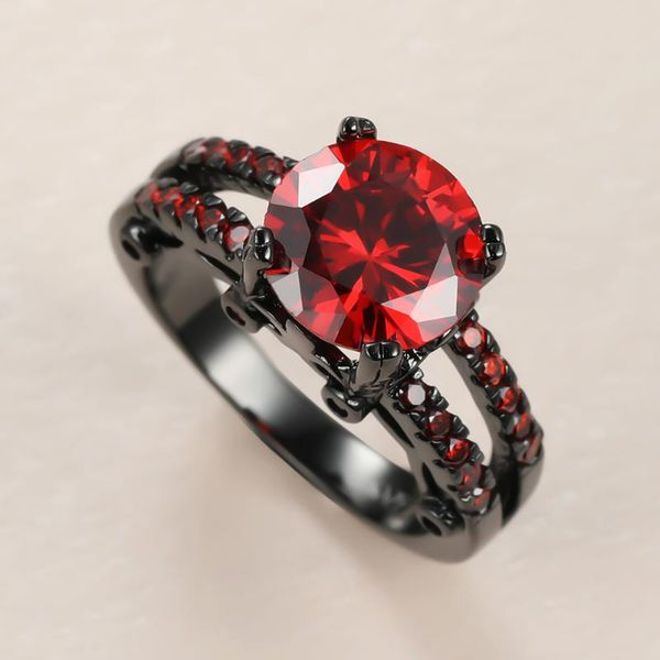 

vintage female red crystal stone ring charm 14kt black gold wedding rings for women dainty bride round zircon engagement, Slivery;golden