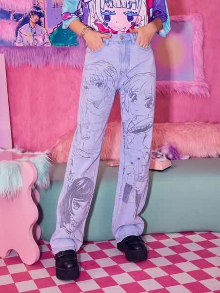 

romwe figure graphic straight leg jeans l8hn#, Blue