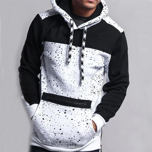 

men's hoodies & sweatshirts autumn fashion mens patchwork printed long sleeve pocket pullover 2021 male casual loose hooded, Black