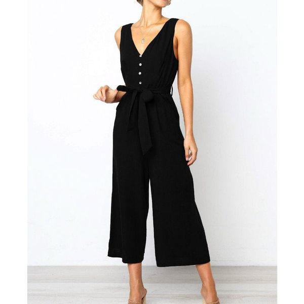 

women's jumpsuits & rompers elegant black button front sleeveless belted jumpsuit 2021 summer fashion clothes casual high waist v neck, Black;white