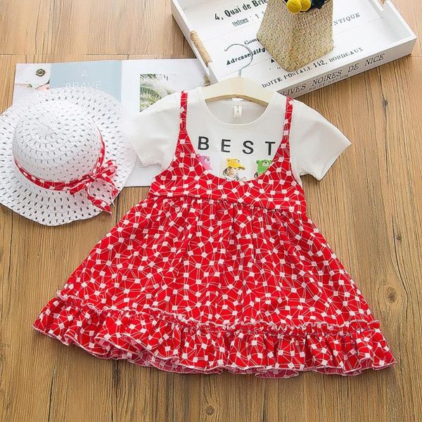 

clothing sets short sleeve casual wear for girls leopard printed fake two set dress with hat outfit baby kids, White