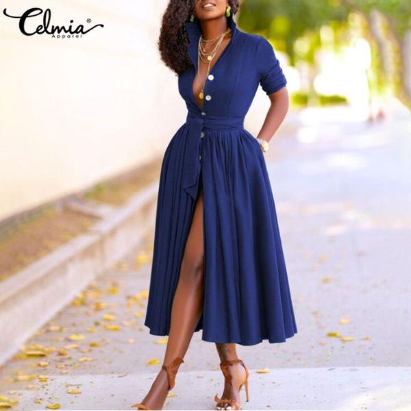 

celmia women buttons shirt dress 2021 autumn long sleeve elegant ladies lapel casual solid mid-calf pleated vestidos robe dresses, Black;gray