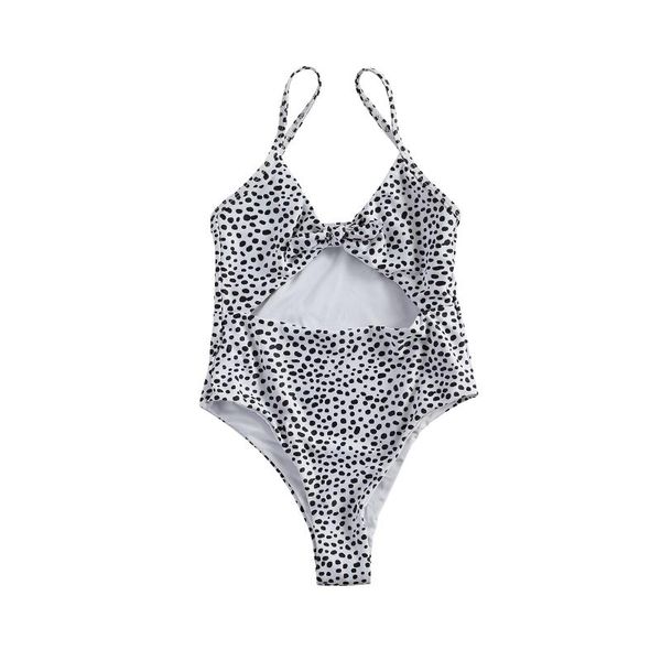 

one-pieces children 1 piece spot print swimsuit, girls sleeveless backless hollow out swimwear with bow-knot for summer, Black