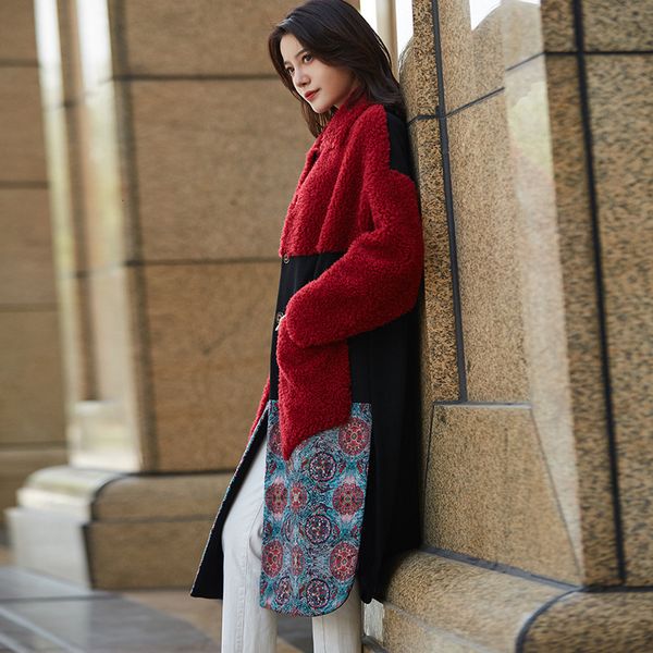 

real fur coat clothes sheep shearing korean spliced vintage print 100% wool jacket women manteau femme 9629 yy1928, Black