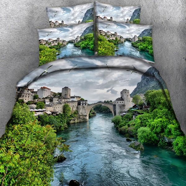 

100% landscape scenery brushed fabric duvet cover 220x240 king size bedding set bed clothes flat pillow case for home sets