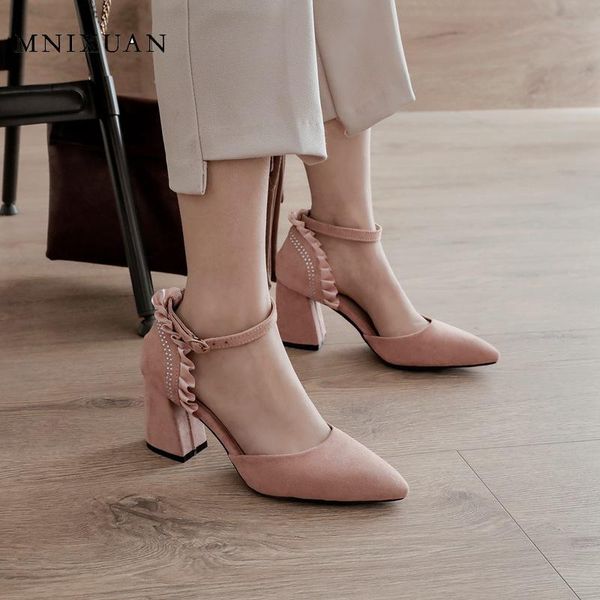 

elegant spring women sandals party shoes 2021 suede pointed toe lace rhinestone block high heels ladies pink size 45, Black