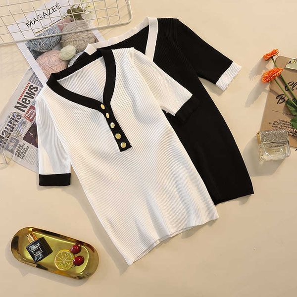 

l-4xl plus size women summer basic kint t-shirt loose casual short sleeve v neck button oversized thin sweater pullover 210604, White;black