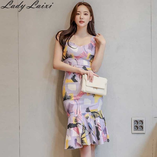 

slim v-neck women print summer dress bodycon mermaid dresses sleeveless tank work wear vestidos 210529, Black;gray