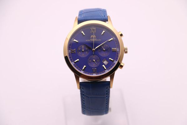 

men's quartz watch aehibo three eyes multifunction chronograph calendar blue dial gold stainless steel case belt buckle roman numerals, Slivery;brown