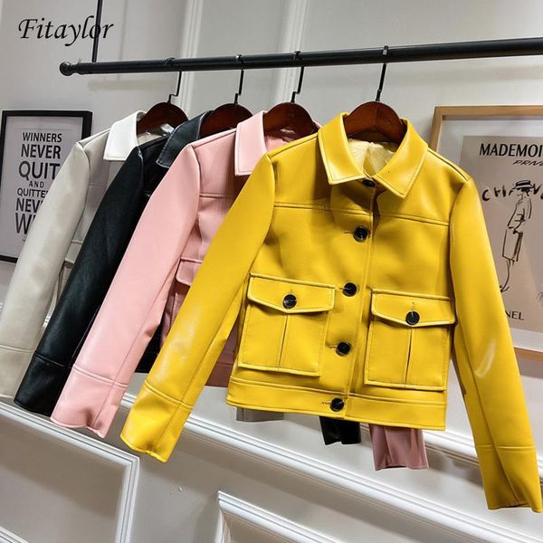

women's leather & faux fitaylor vintage biker jacket short design single breasted punk white yellow outerwer 35w2, Black