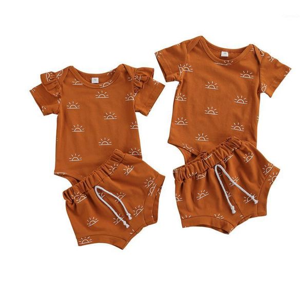

0-18m summer lovely baby boys girls clothes sets sun pattern printed short sleeve romper shorts 2pcs clothing, White