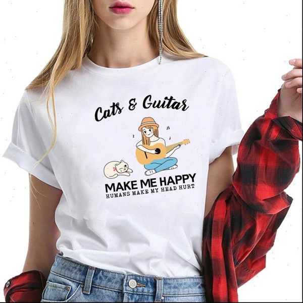 

cats and guitar make me womens t shirts happy printed summer cotton short sleeve graphic tees streetwear femme, White