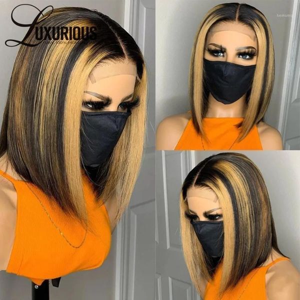 

180% density black honey blonde human hair wigs for women brazilian remy highlight wig bob ombre colored glueless1, Black;brown