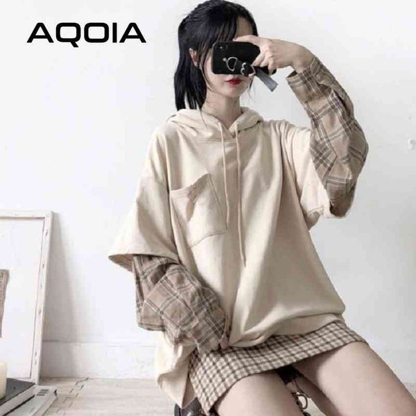 

streetwear patchwork plaid loose women hoodies sweatshirt oversize fake two pieces womens hoodie autumn female pullovers 210521, Black