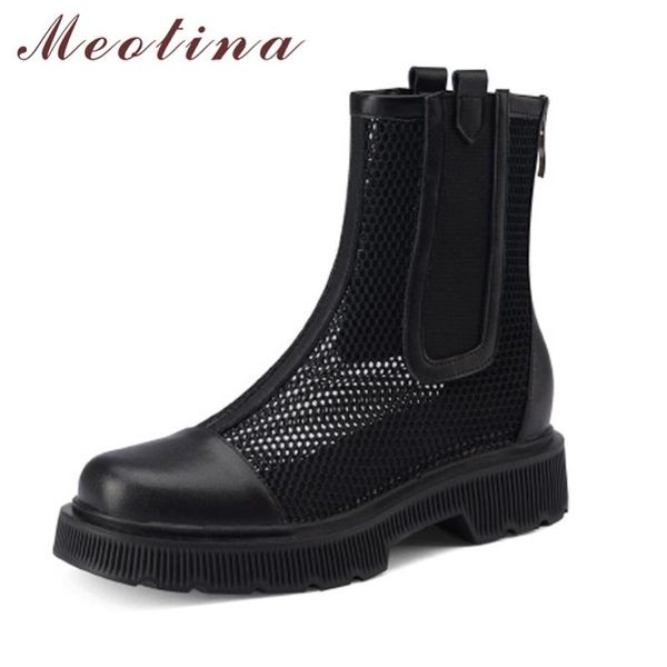 

boots meotina shoes women genuine leather cut out flat mid calf square toe zip ladies footwear platform black