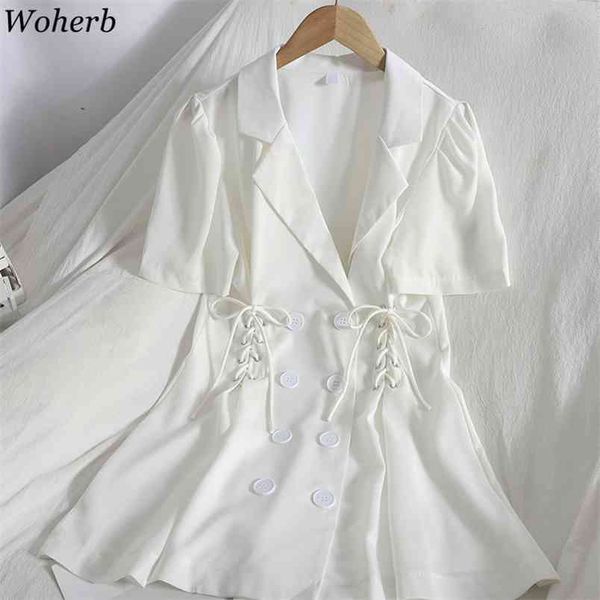 Frauen Sexy Blazer Kleid Weiß Zweireiher Verband Anzug Kragen Mini Kleider Elegante Sommer Koreanische Slim Fit Vestidos 210519