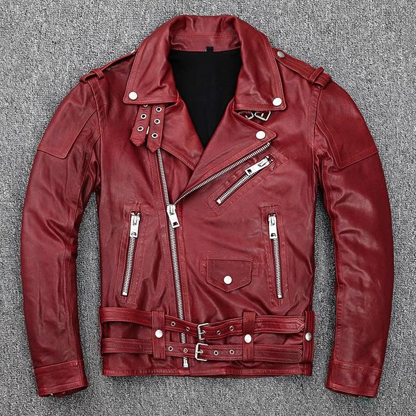 

men's leather & faux spring genuine soft sheepskin tanned jacket wine red motorcycle jackets male motor clothing biker, Black