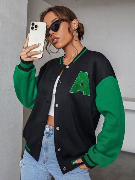 

letter patched striped trim drop shoulder bomber jacket w3zj#, Black;brown