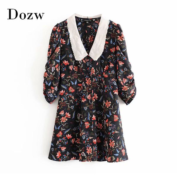 

spring vintage mini dress women floral print lace embroidery collar elegant dresses female half sleeve casual dress 210414, Black;gray