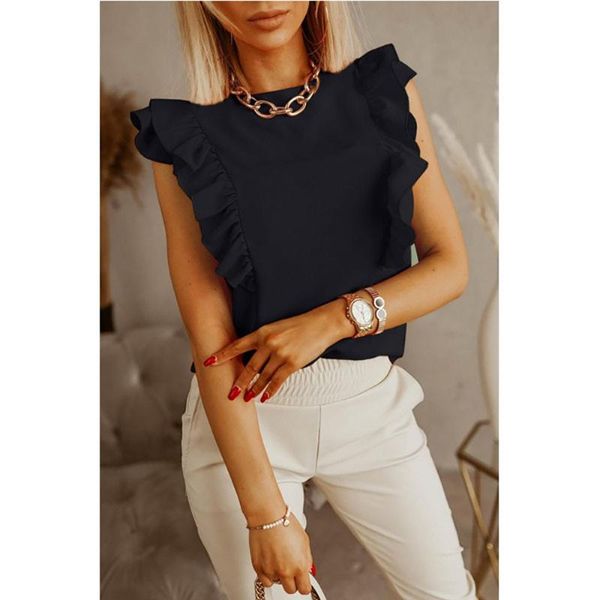 

women's blouses & shirts 2021 good quality factory price fashion selling loose solid color ruffled short-sleeved round neck shirt, White