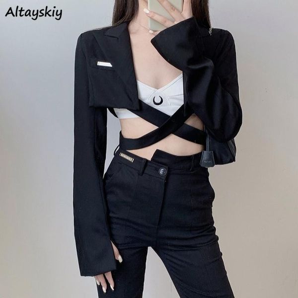 

women's suits & blazers women black cropped design bandage notched straight all-match streetwear trendy hong kong style outwear mujer c, White;black