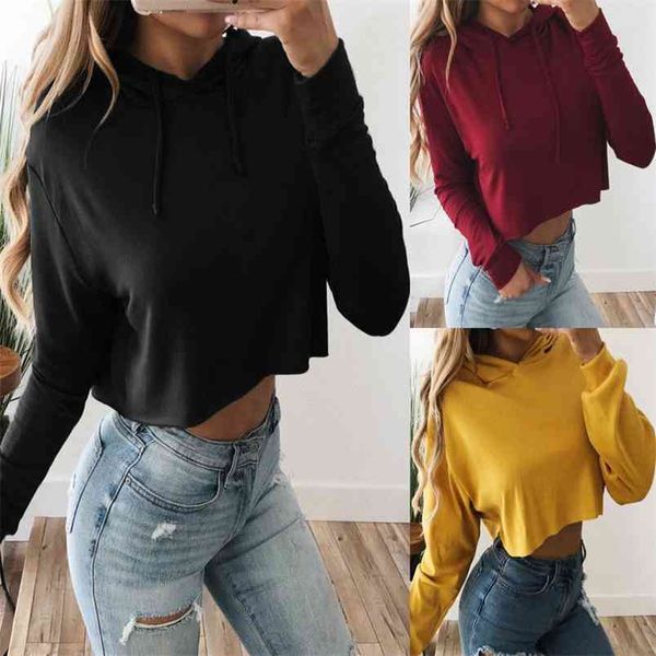 

women hoodie full length regular sleeve hooded collar solid color exposed navel loose fashion clothing 210522, White
