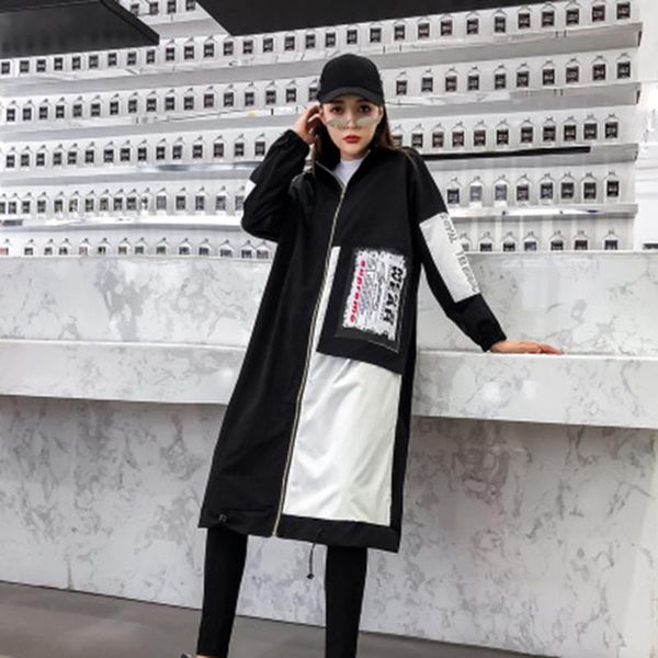 

women's trench coats autumn winter patch designs black casual elegant long cotton zipper windbreake coat hip hop 60b0028, Tan;black