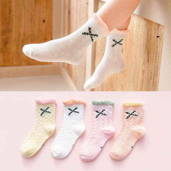 

kids socks girl spring and autumn summer thin children's mesh cute lace bow cotton, Pink;yellow