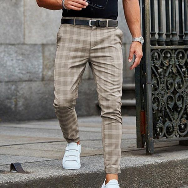 

men's pants men trousers elegant formal streetwear plaid casual straight autumn checkered pattern, Black